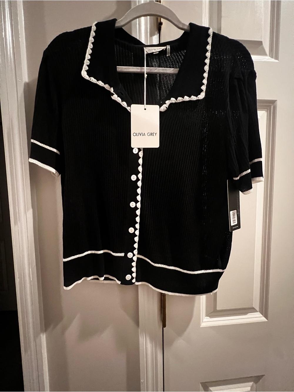 Olivia Grey Black Button-Down Short Sleeve Top with White Trim